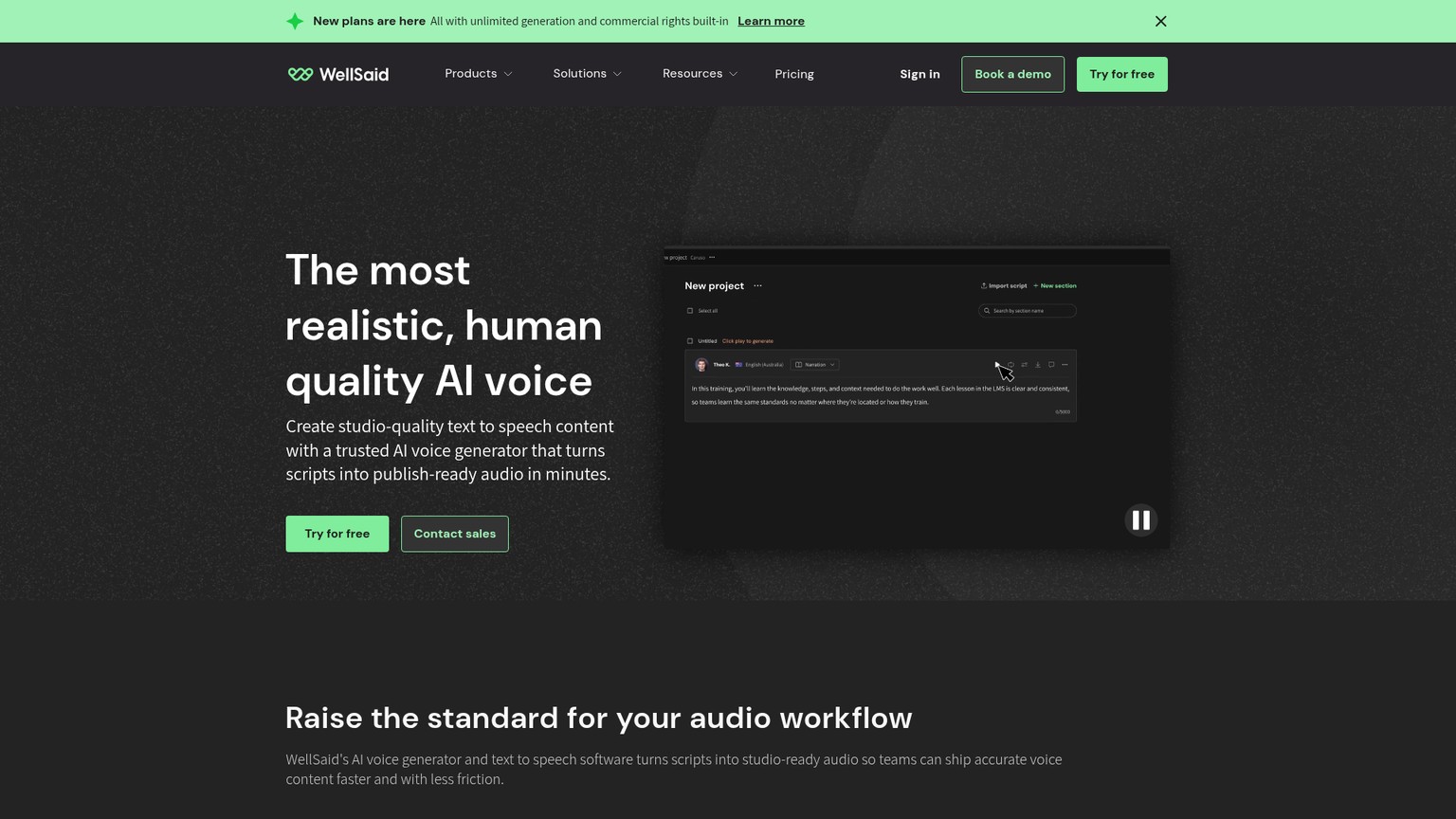 WellSaid AI voice generator page