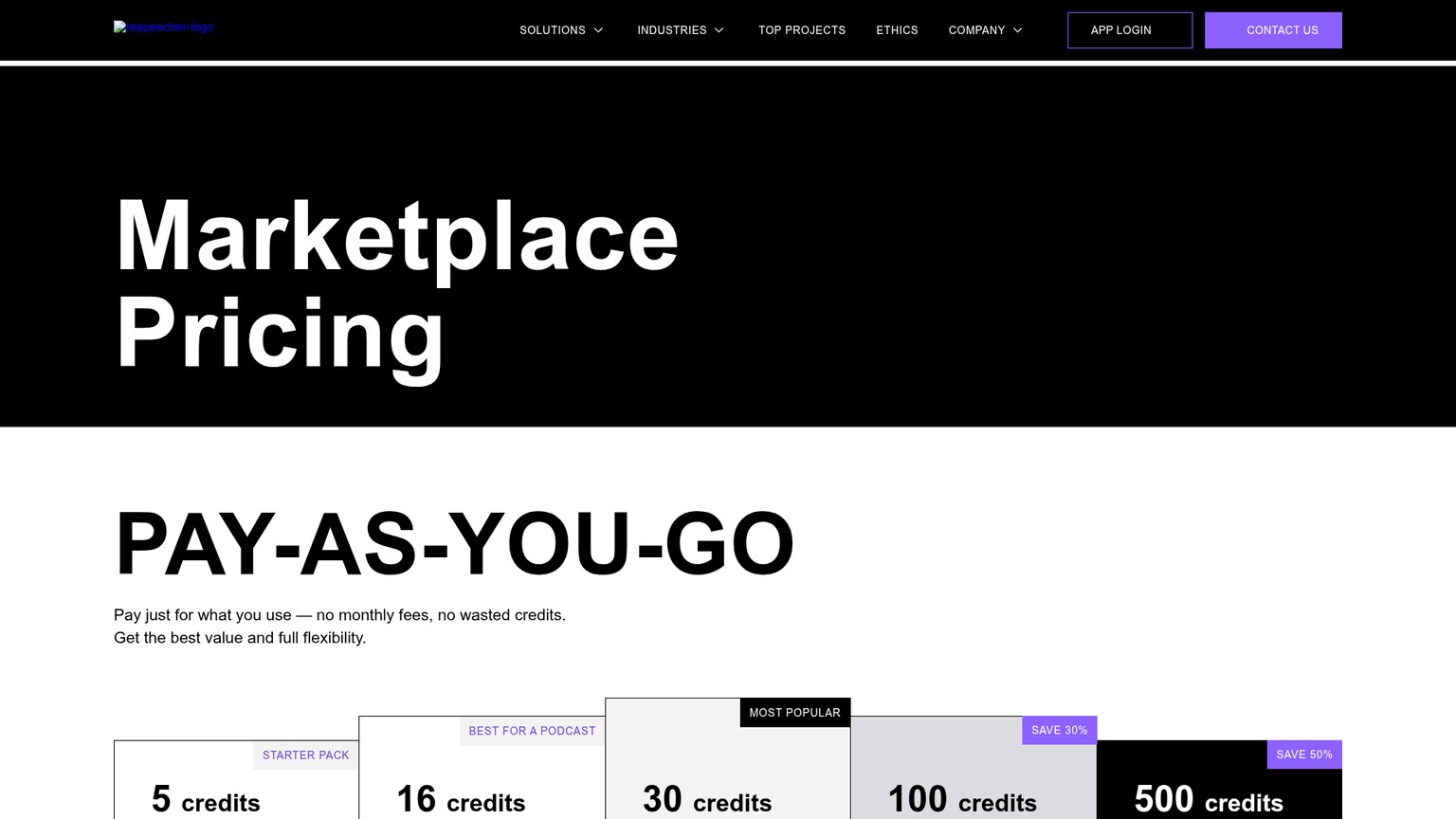 Respeecher Marketplace pricing page