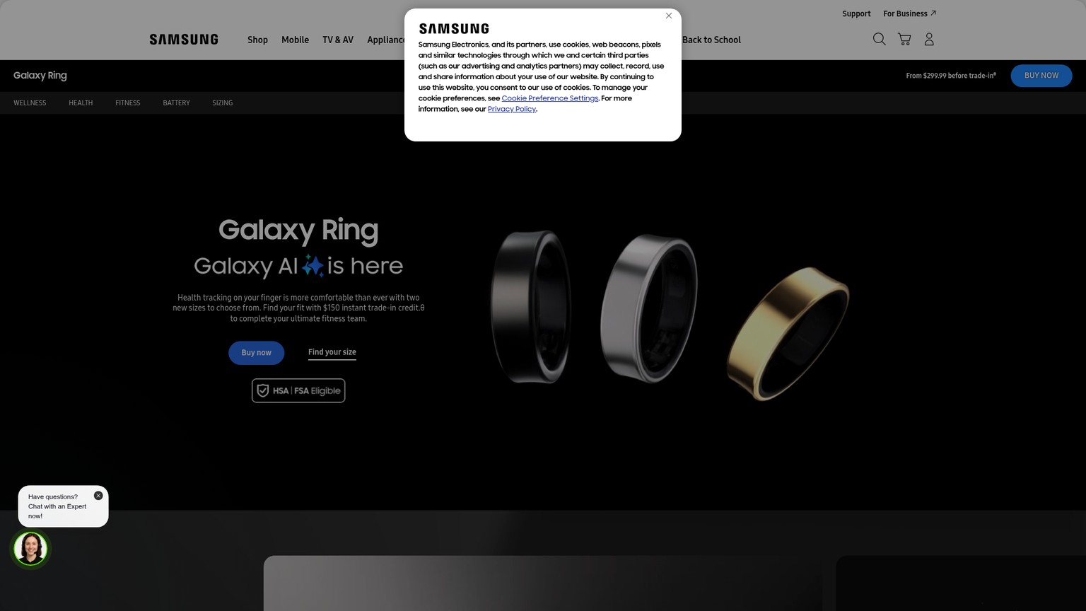 Samsung Galaxy Ring product page and Galaxy AI health features