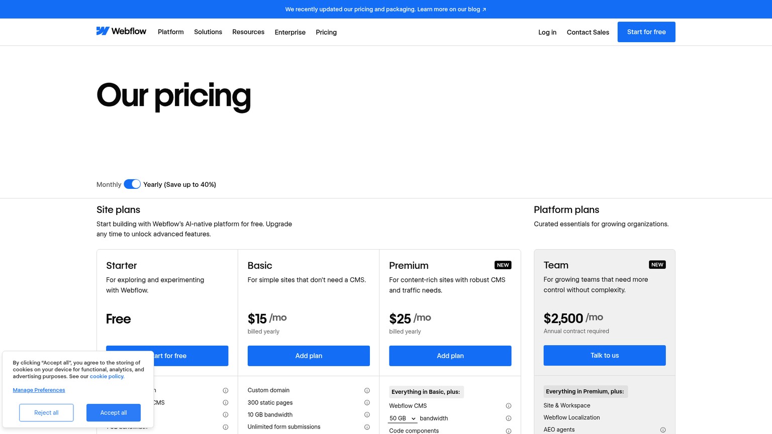 Webflow pricing