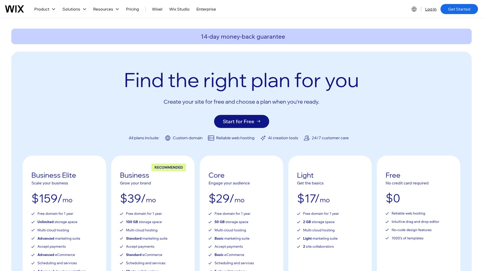 Wix pricing plans