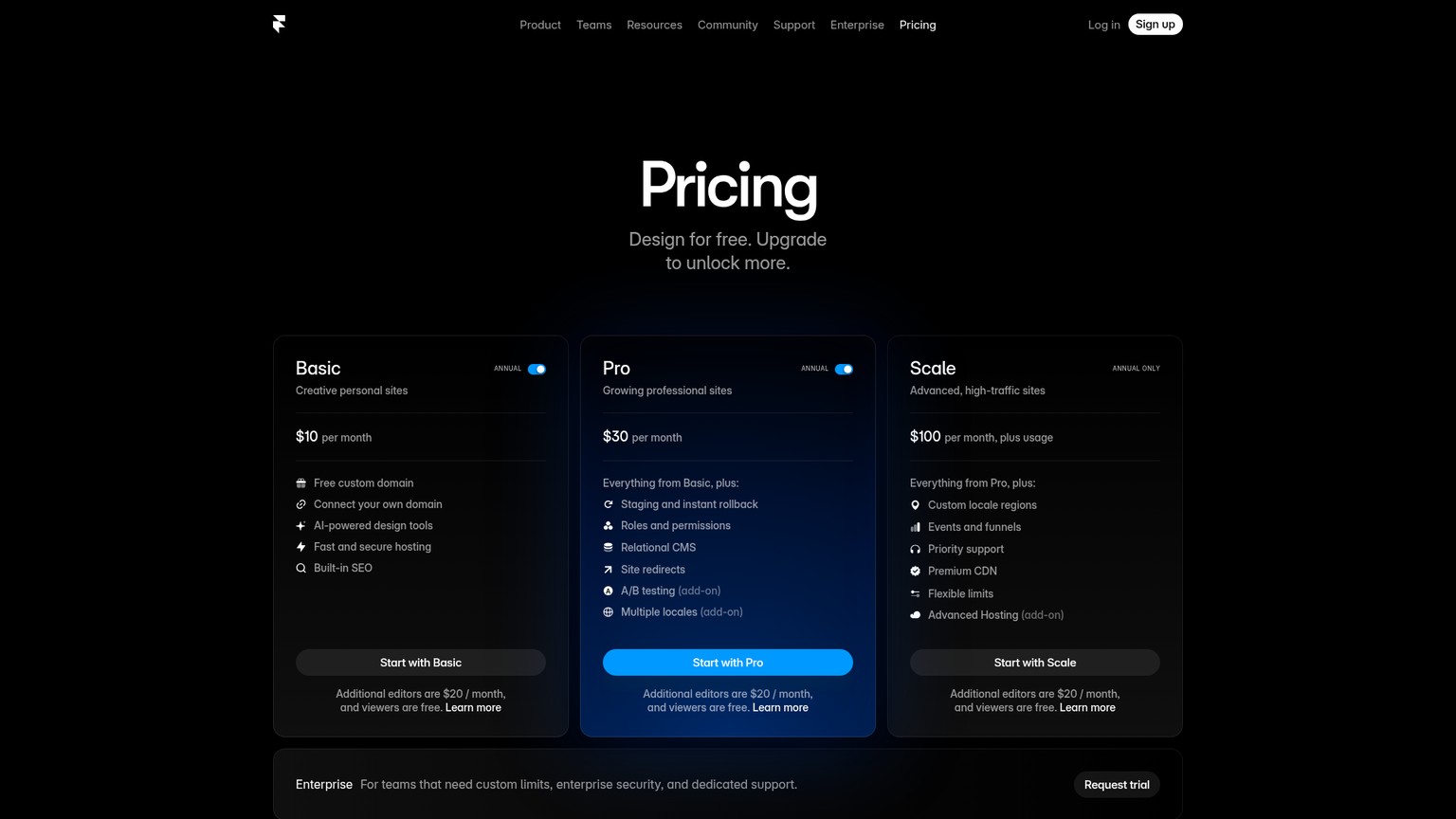 Framer pricing plans