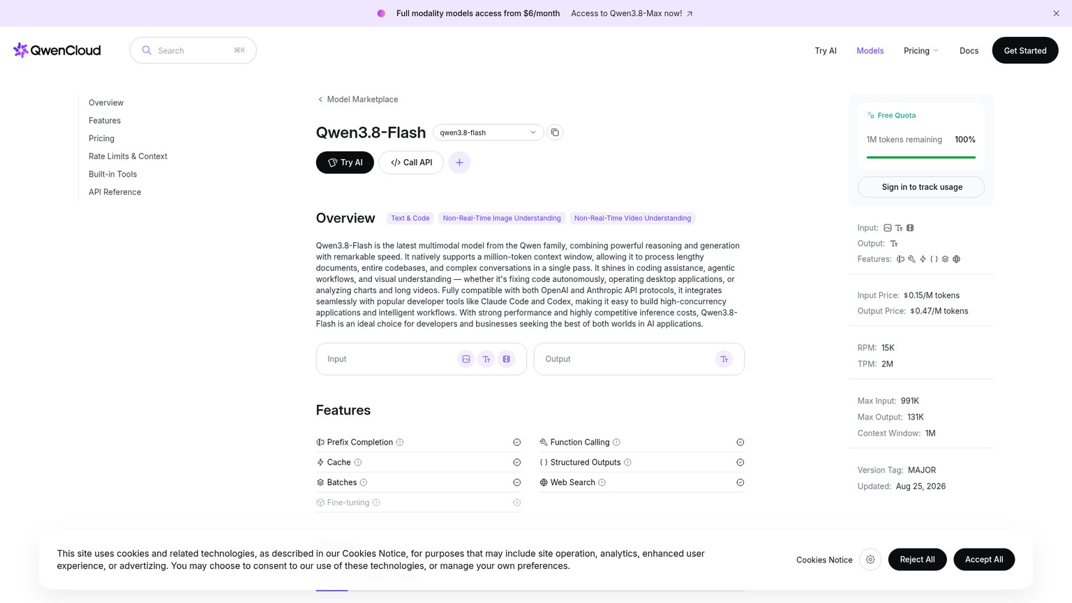 Qwen3.8-Flash official model and pricing page