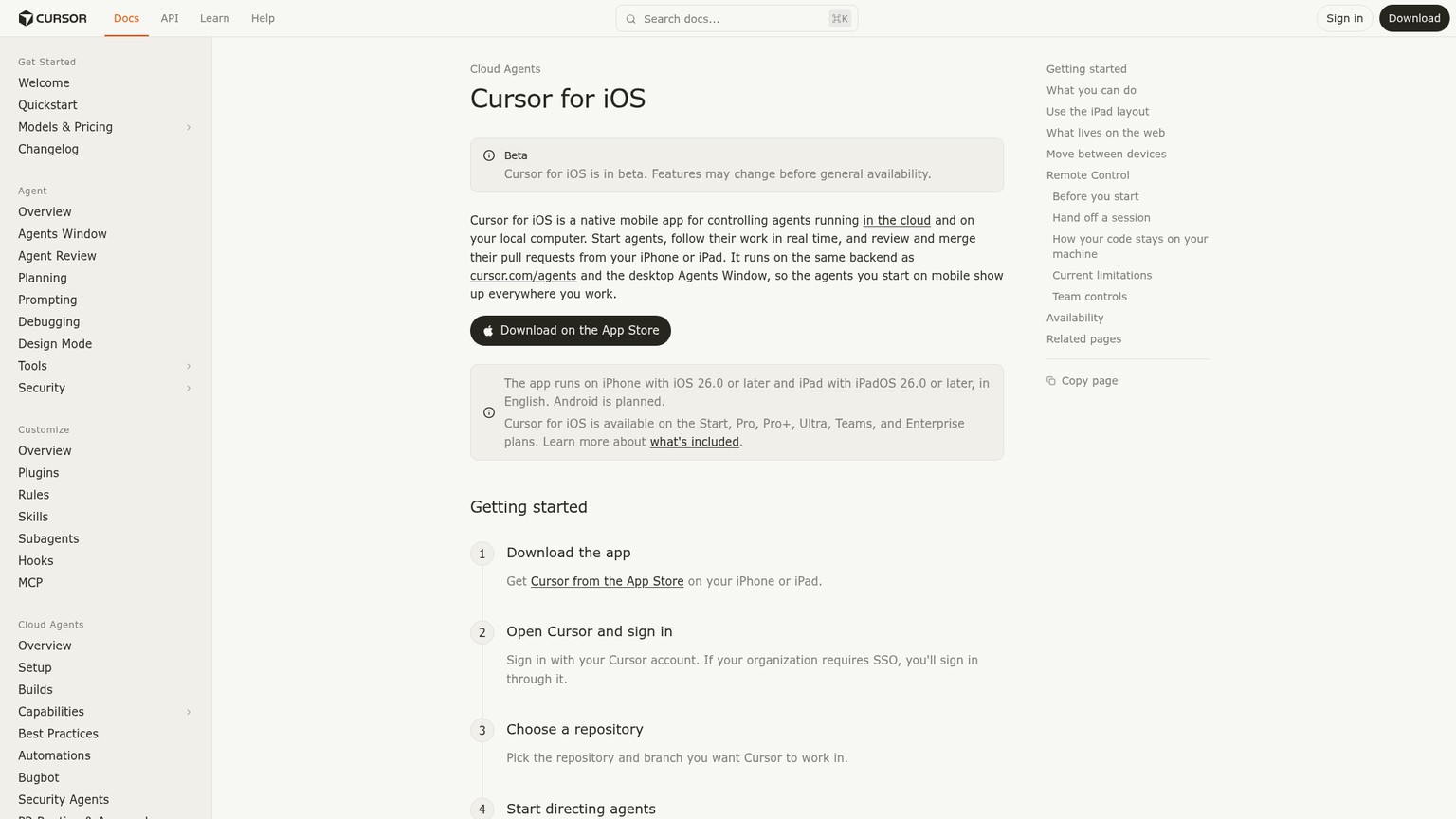 Cursor for iOS documentation showing cloud agents and Remote Control across phone and desktop