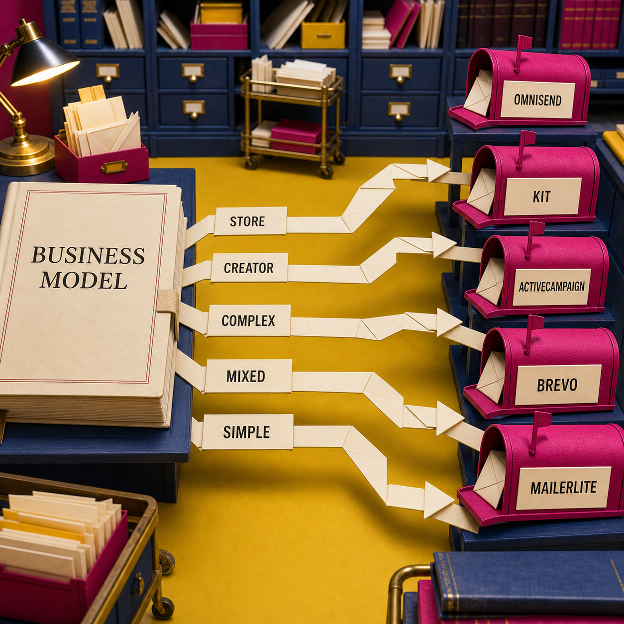 Decision flow routing ecommerce, creator, complex, mixed, and simple email needs to the right platform