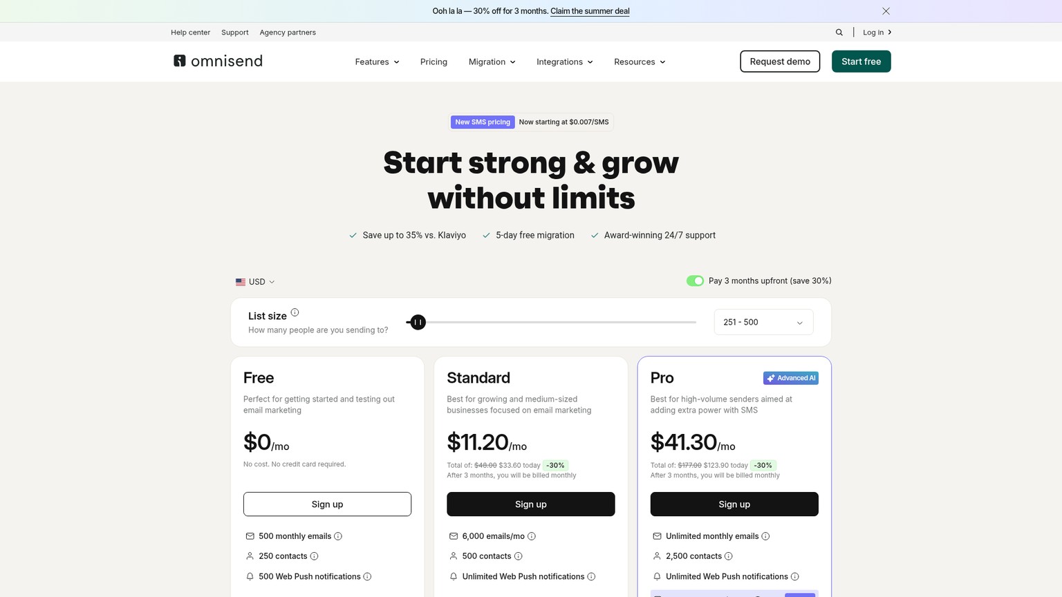 Omnisend pricing page showing email and SMS plans
