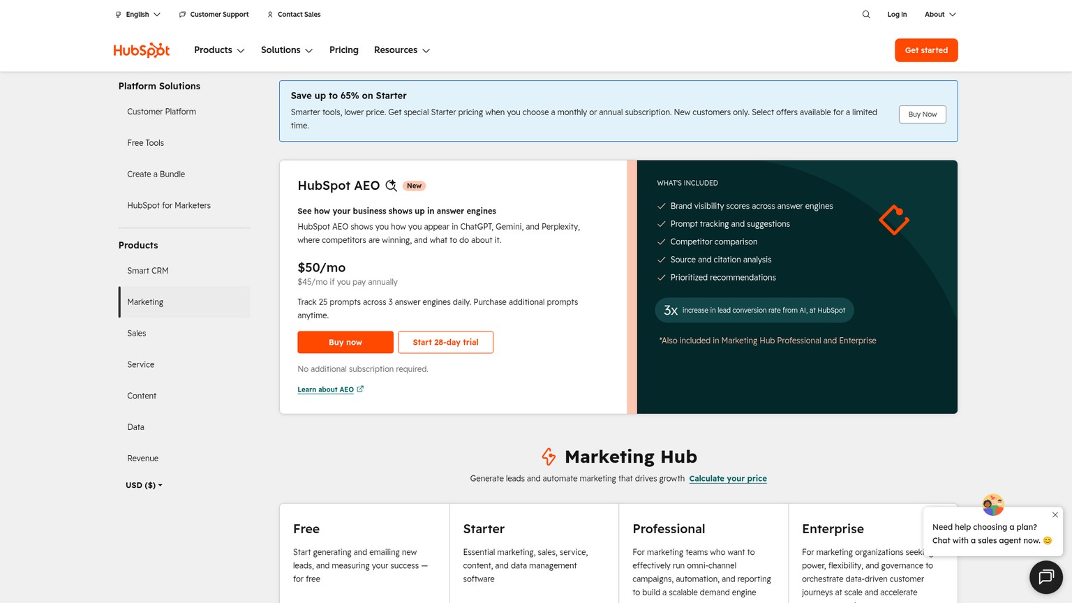 HubSpot Marketing Hub pricing page showing Free, Starter, Professional, and Enterprise plans