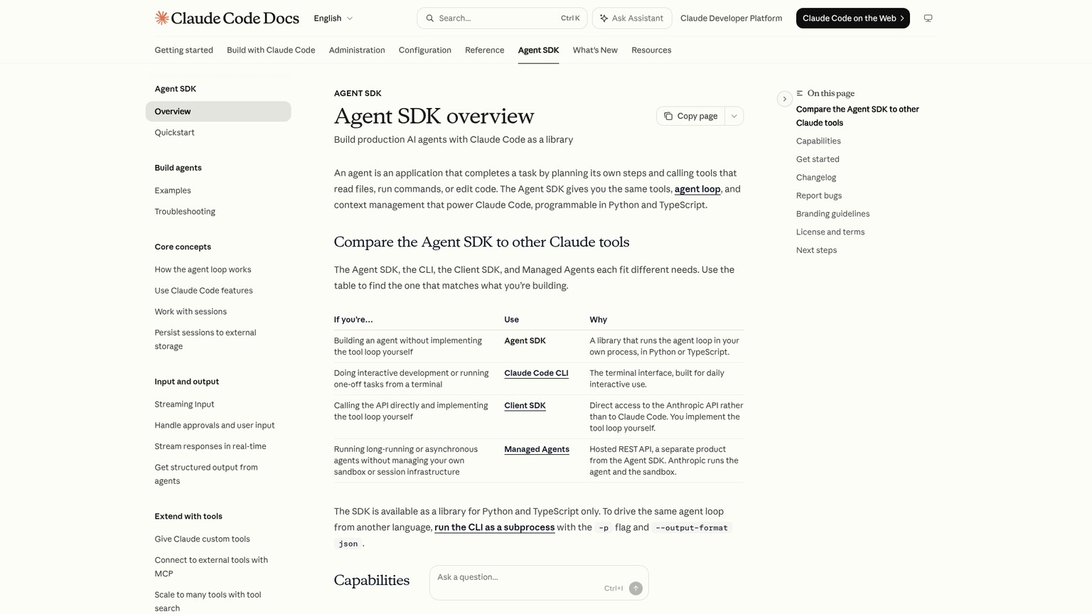 Claude Agent SDK overview documenting the Claude Code agent loop and built-in tools
