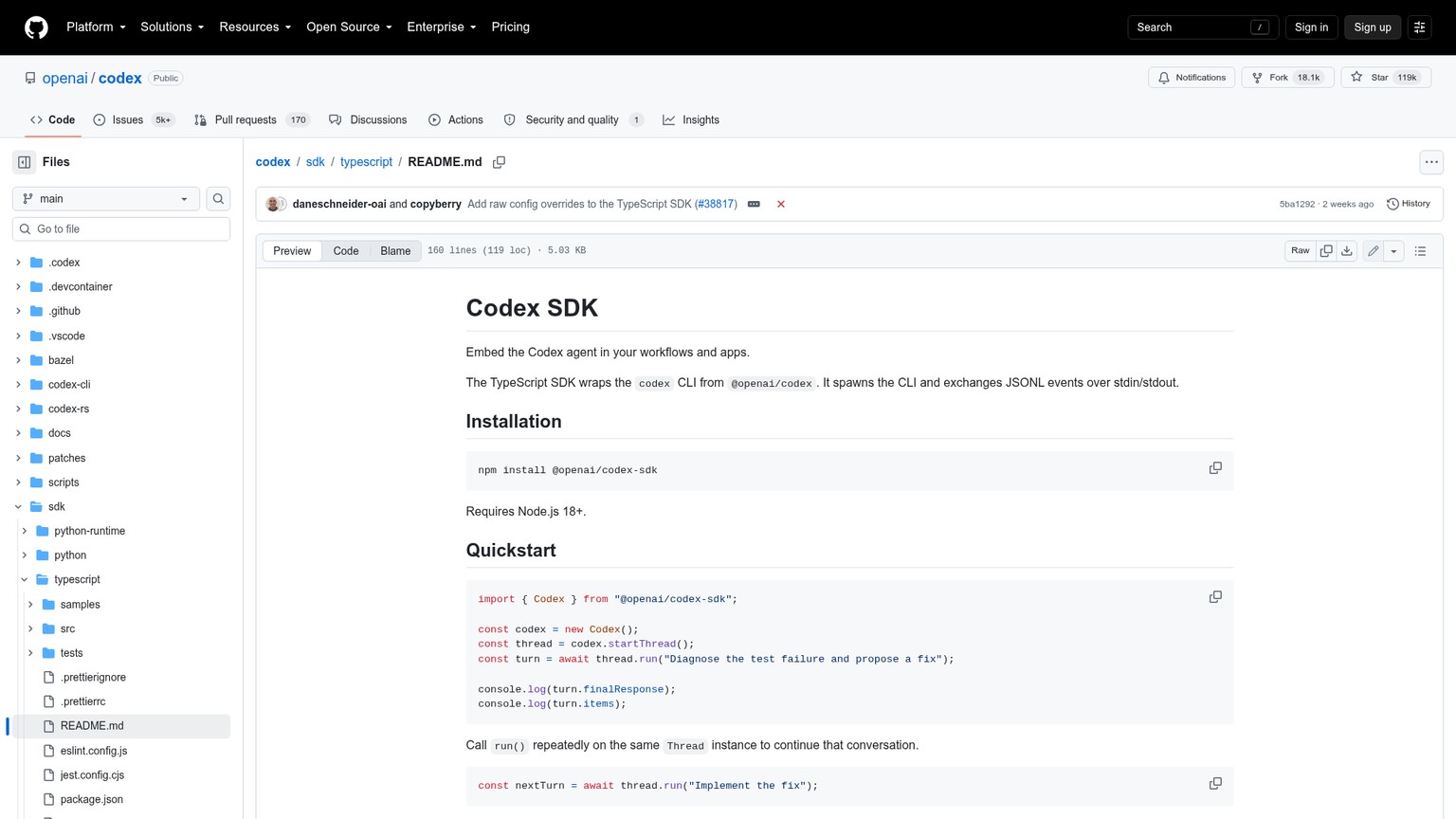 OpenAI Codex TypeScript SDK README showing embedded threads, streaming, and structured output
