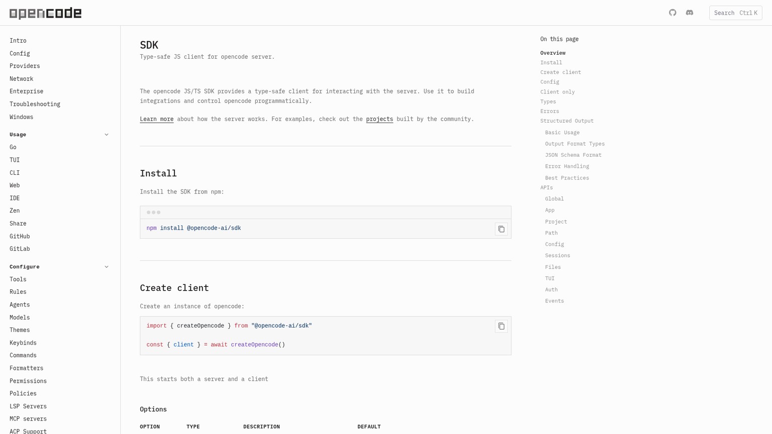 OpenCode SDK documentation showing the type-safe JavaScript client and local server options