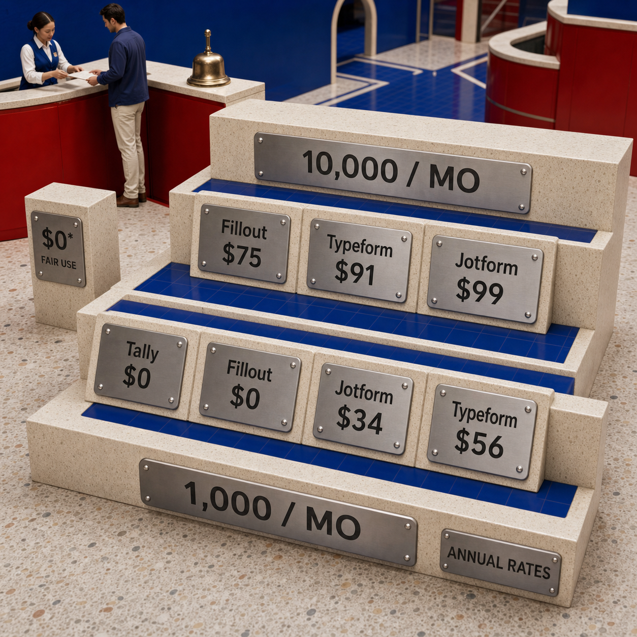 Cost staircase comparing Tally, Fillout, Jotform, and Typeform at 1,000 and 10,000 monthly responses