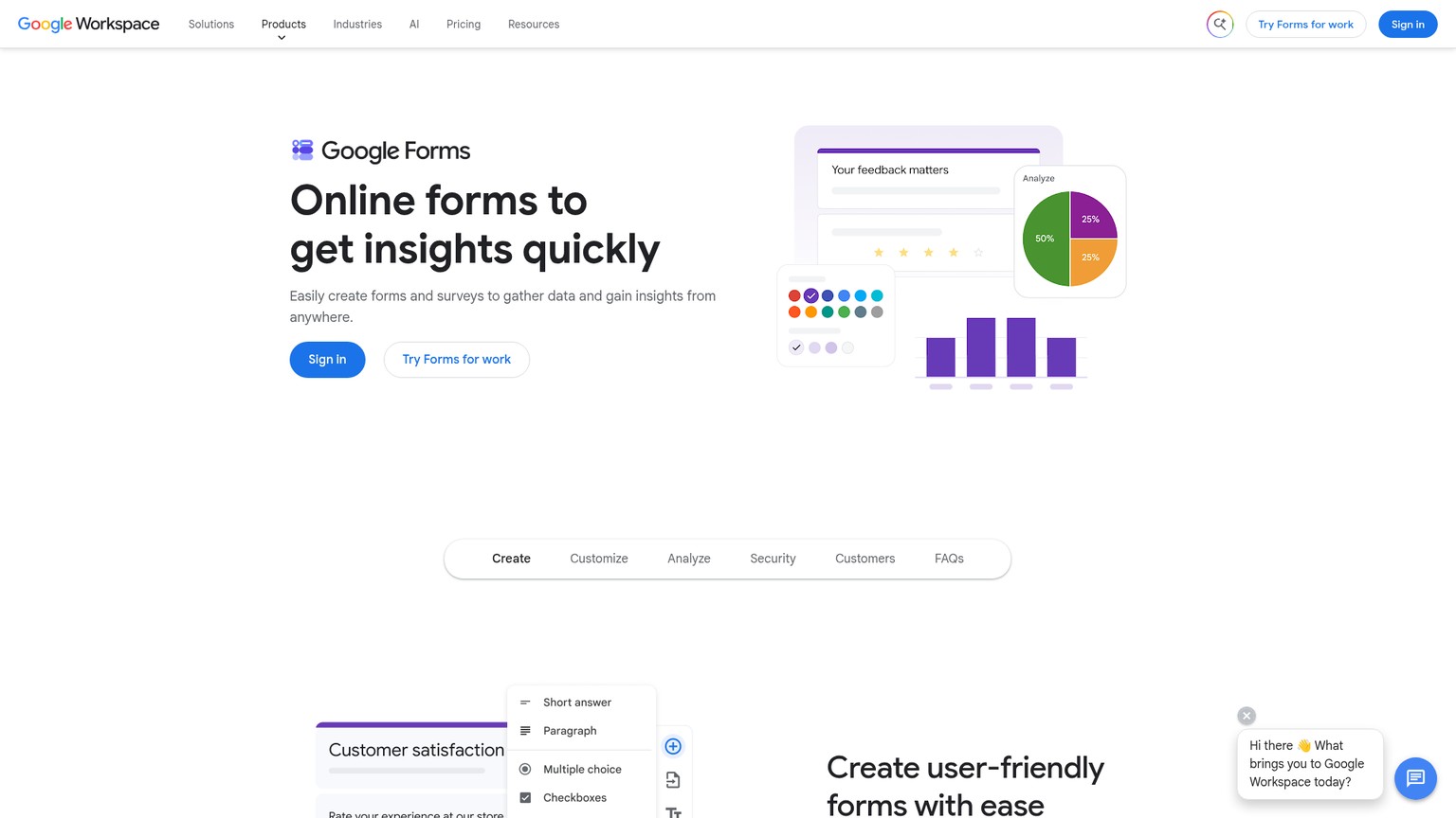 Google Forms builder with questions, themes, and response charts