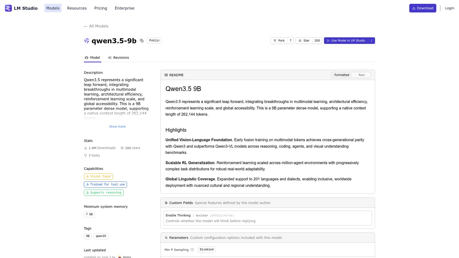 LM Studio model page for Qwen3.5-9B