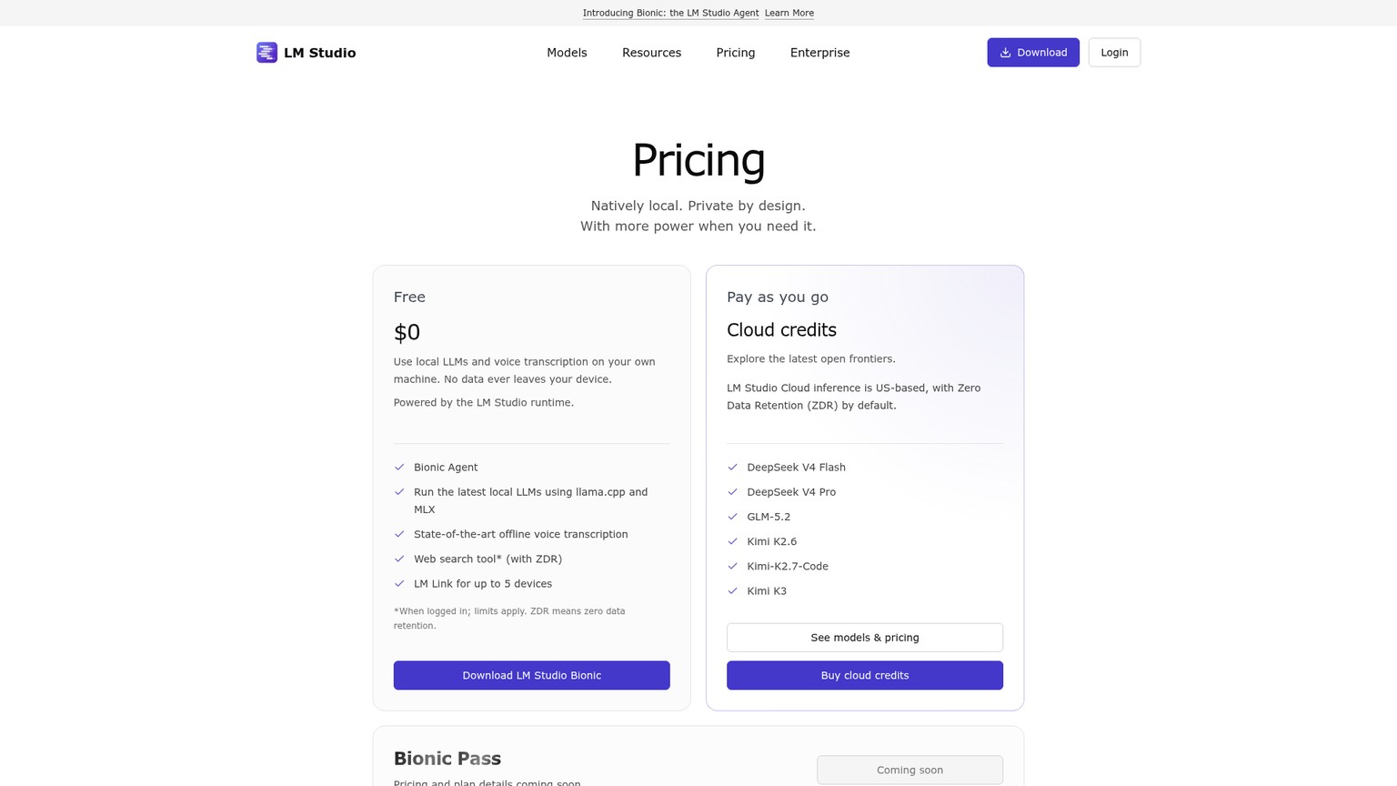 Current LM Studio pricing page for local and cloud inference