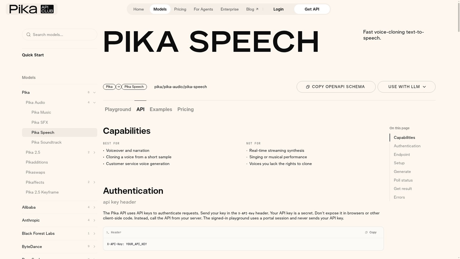 Pika Speech API documentation showing asynchronous job polling