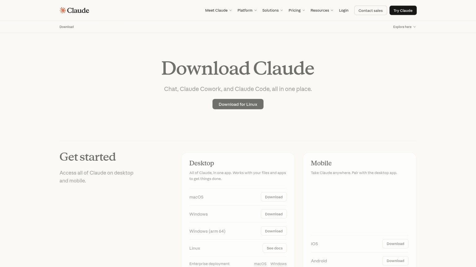 Claude desktop app for chat, Cowork and Claude Code
