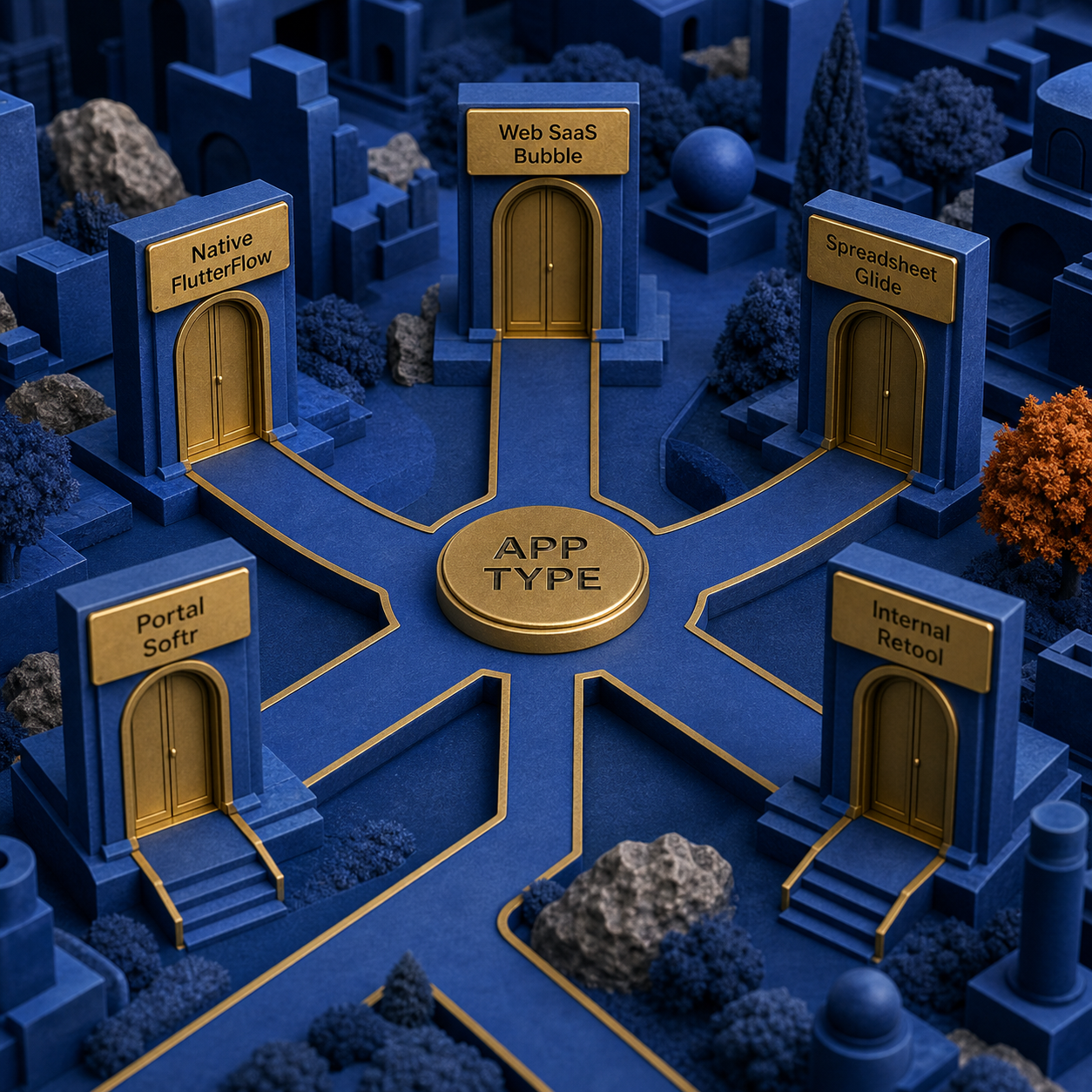 Decision route mapping five app types to Bubble, FlutterFlow, Glide, Softr, and Retool