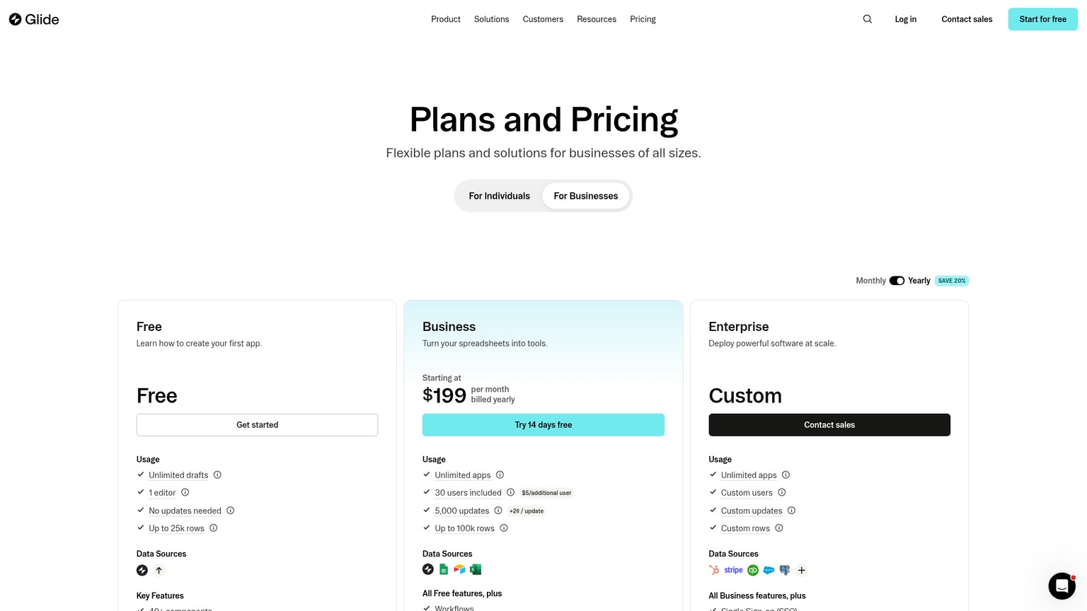 Glide pricing page showing plans for spreadsheet-backed apps