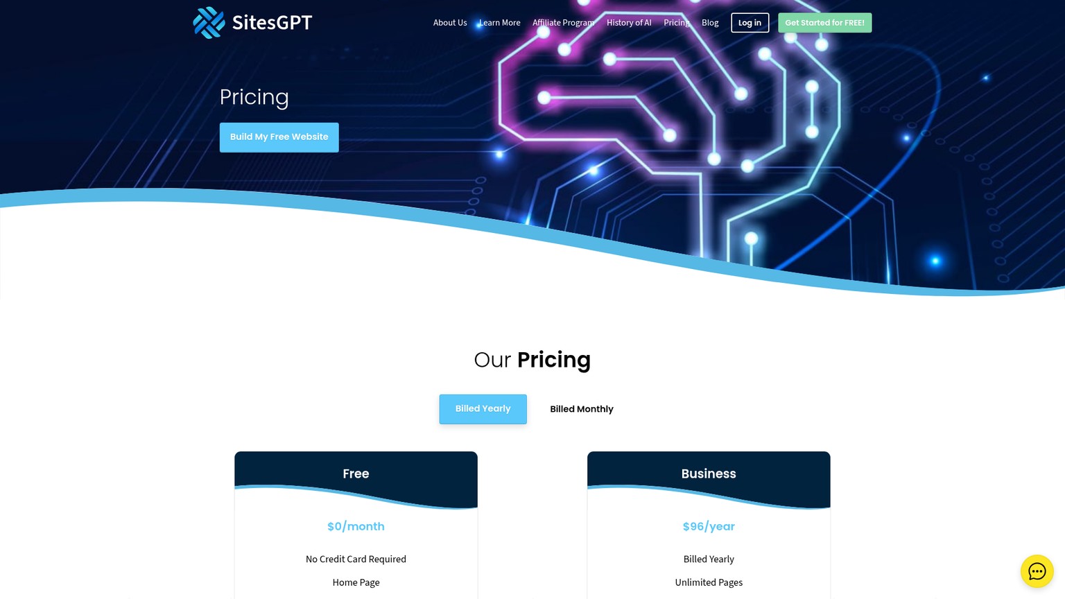 SitesGPT pricing page showing Free and Business website plans