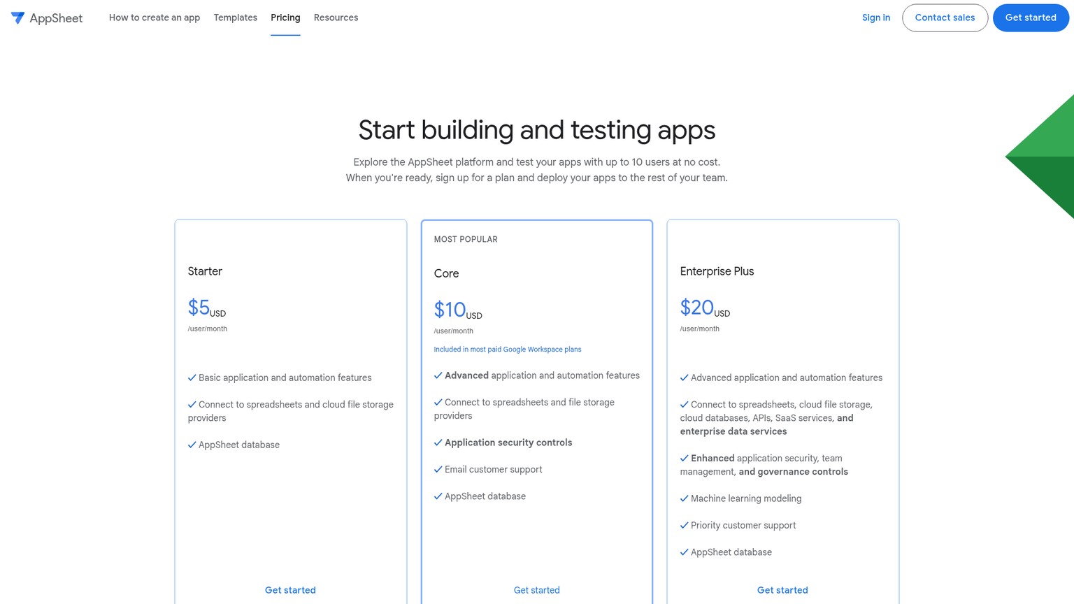 Google AppSheet pricing page for no-code business applications