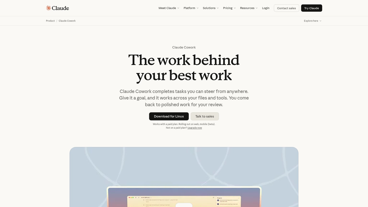 Claude Cowork product page for multi-step knowledge work