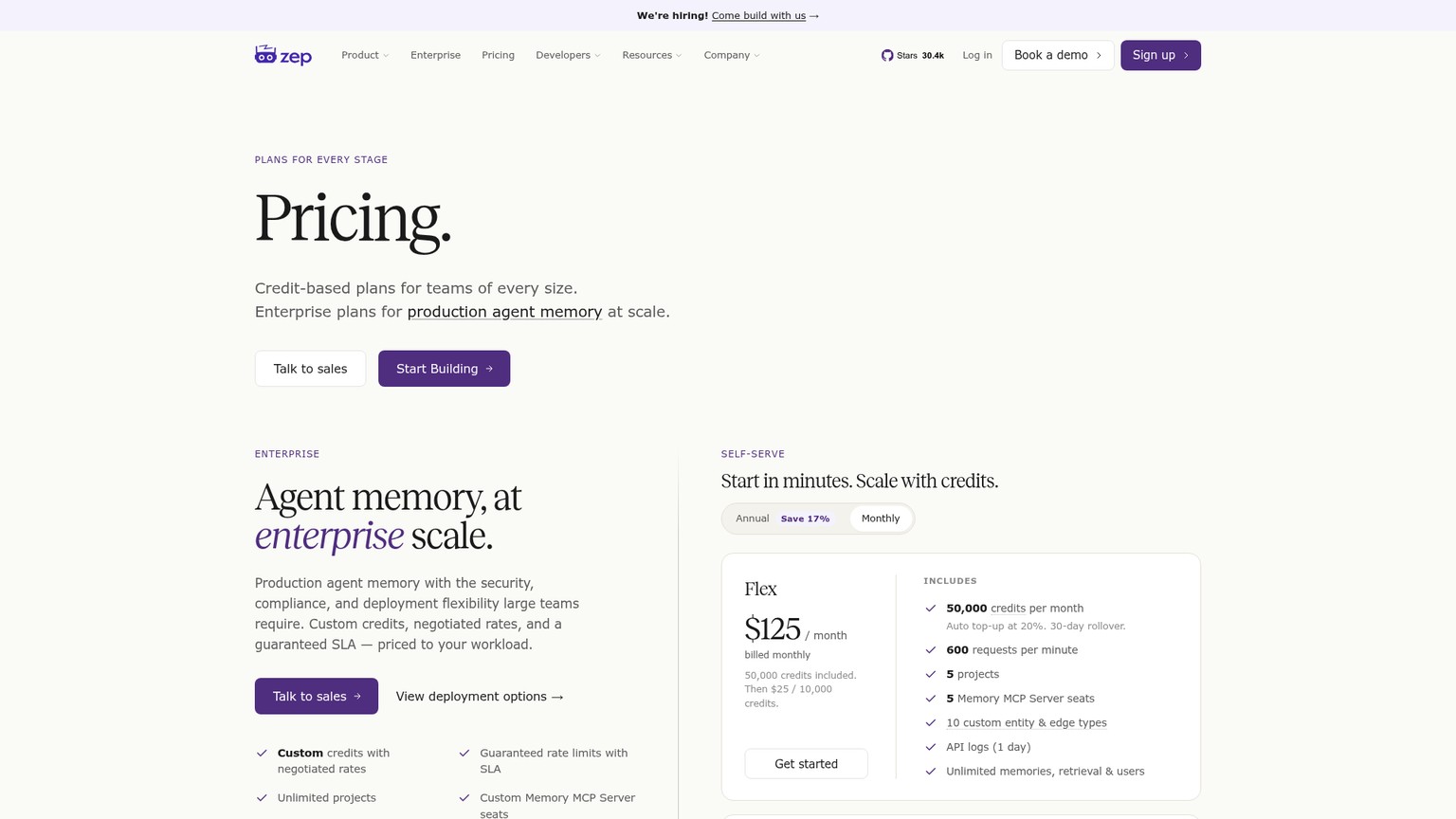 Zep pricing page showing Free, Flex, Flex Plus, and Enterprise plans