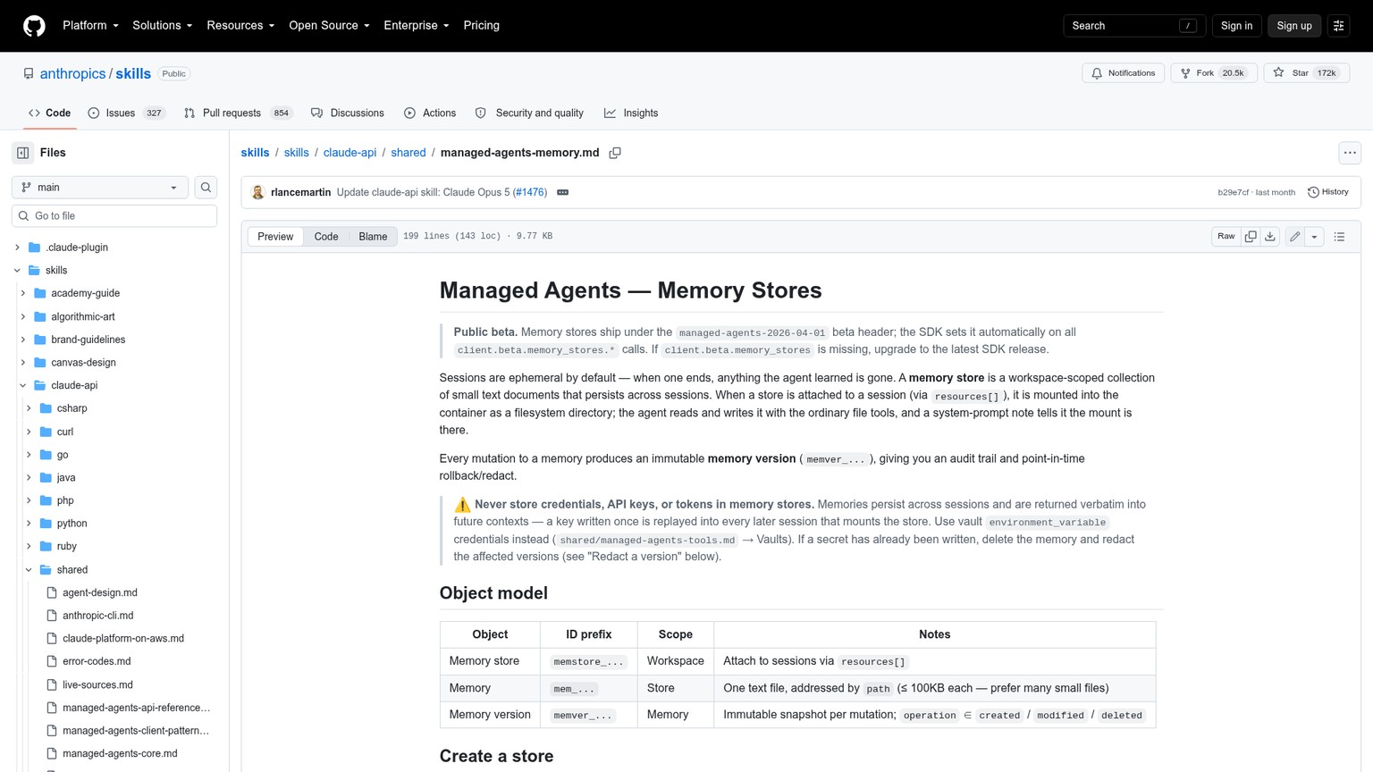 Anthropic Managed Agents memory store documentation showing persistent filesystem memory