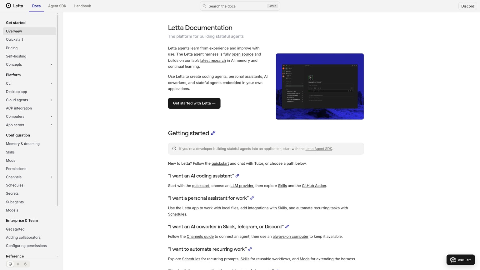 Letta documentation homepage for stateful agents and the Letta runtime