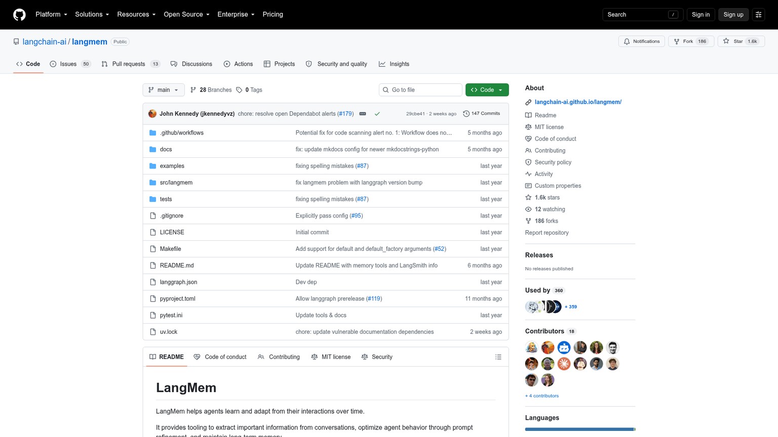 LangMem GitHub repository showing hot-path tools and background memory management