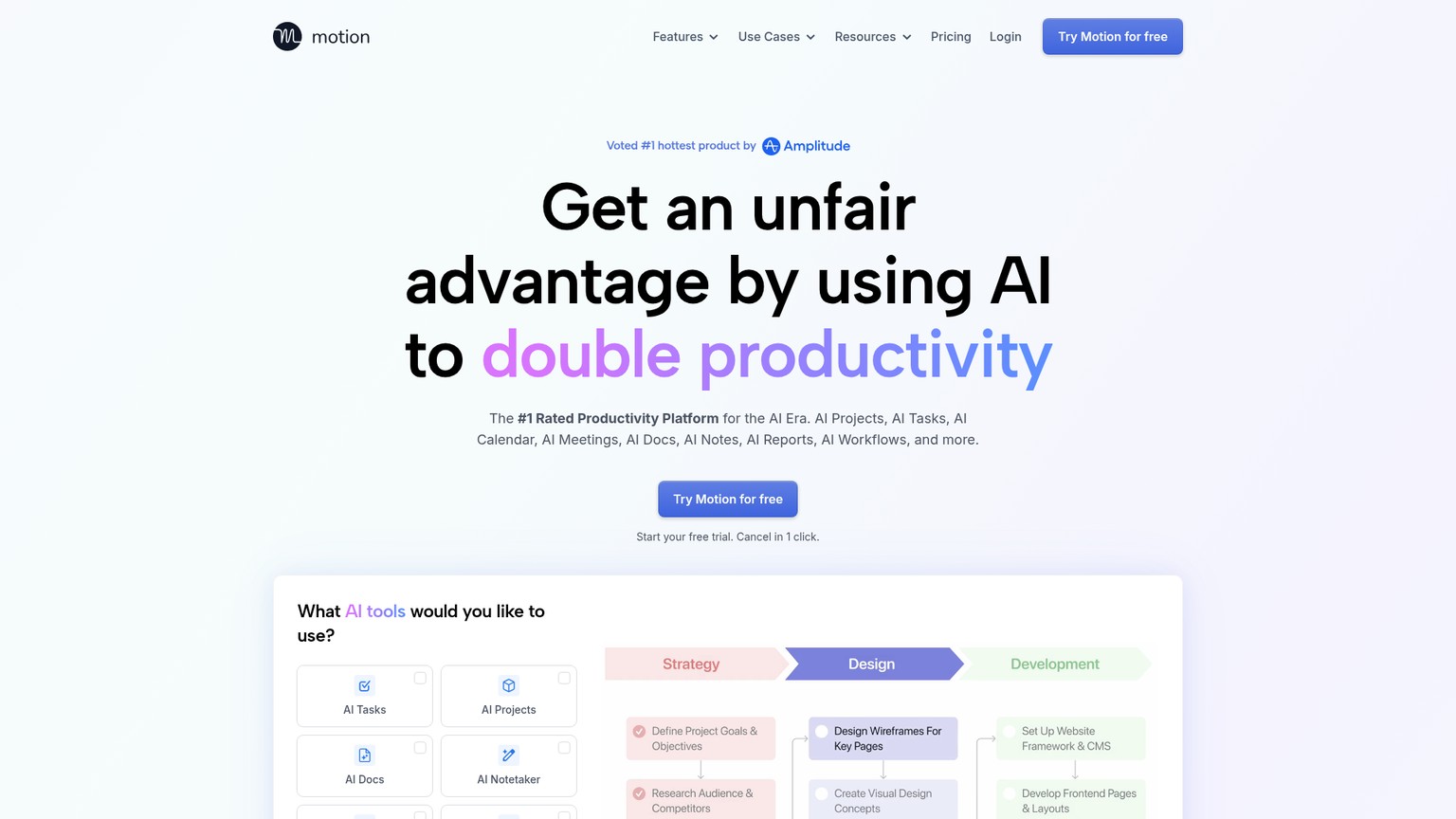 Motion AI work and calendar platform homepage