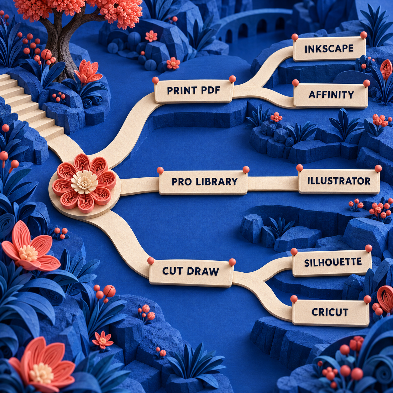 A physical decision path routing print, professional library, and cutting needs to five quilling pattern tools