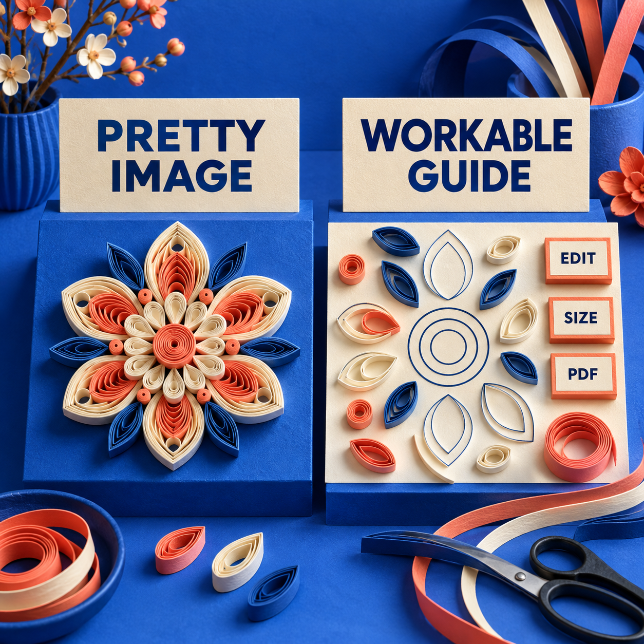 A before and after comparison of a decorative quilling image and an editable pattern guide