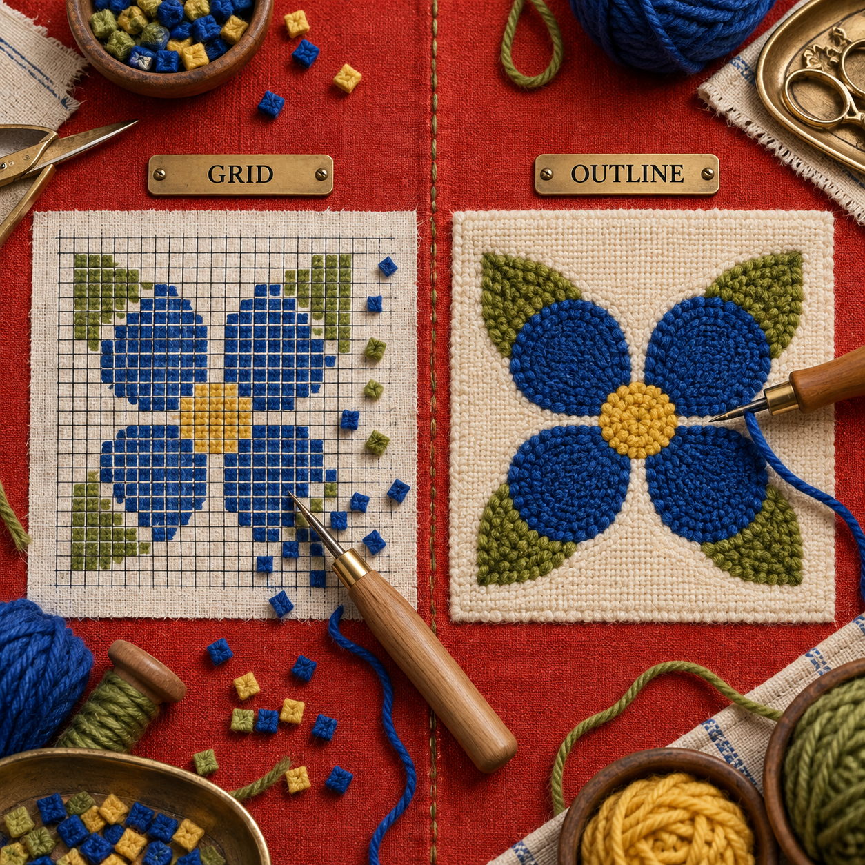 The same flower compared as a dense grid and as four broad punch needle outline regions