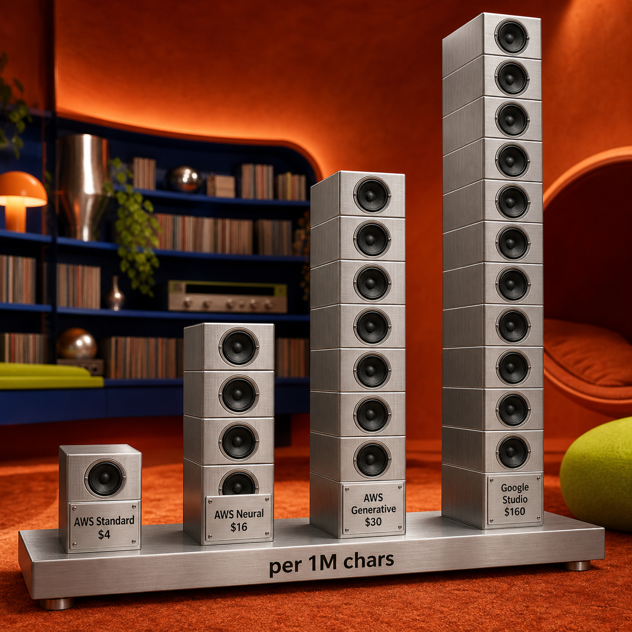 Physical column chart comparing four text-to-speech API prices per million characters