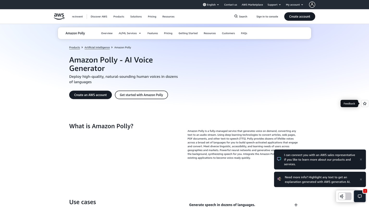 Amazon Polly text-to-speech cloud service page