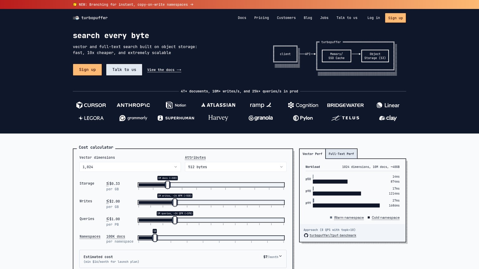turbopuffer serverless vector database product page