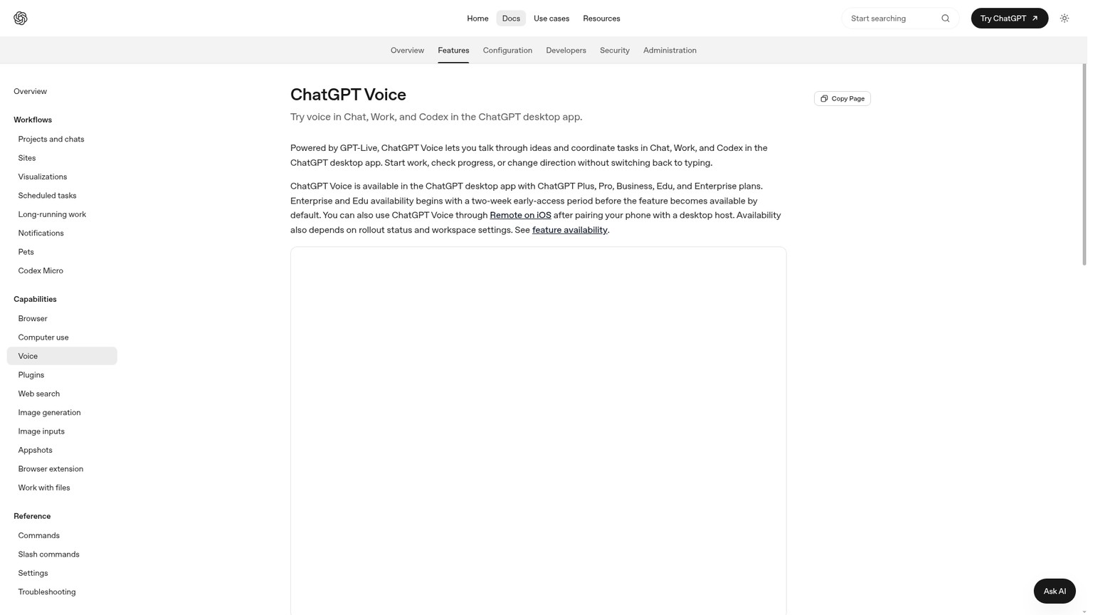 OpenAI Codex Voice documentation showing live voice coordination in the ChatGPT desktop app