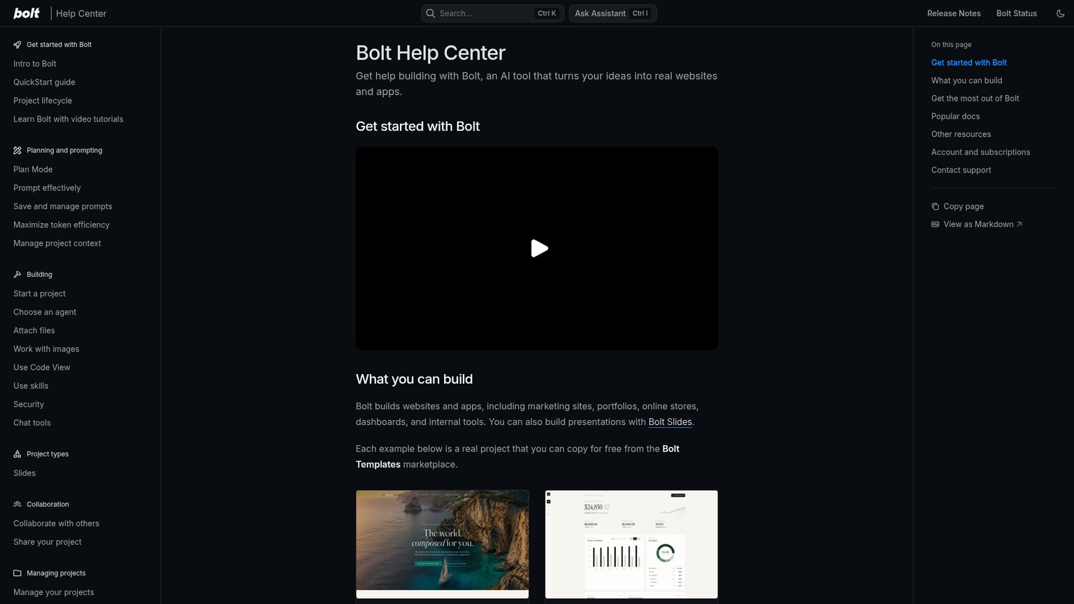 Bolt Help Center with documentation and support options