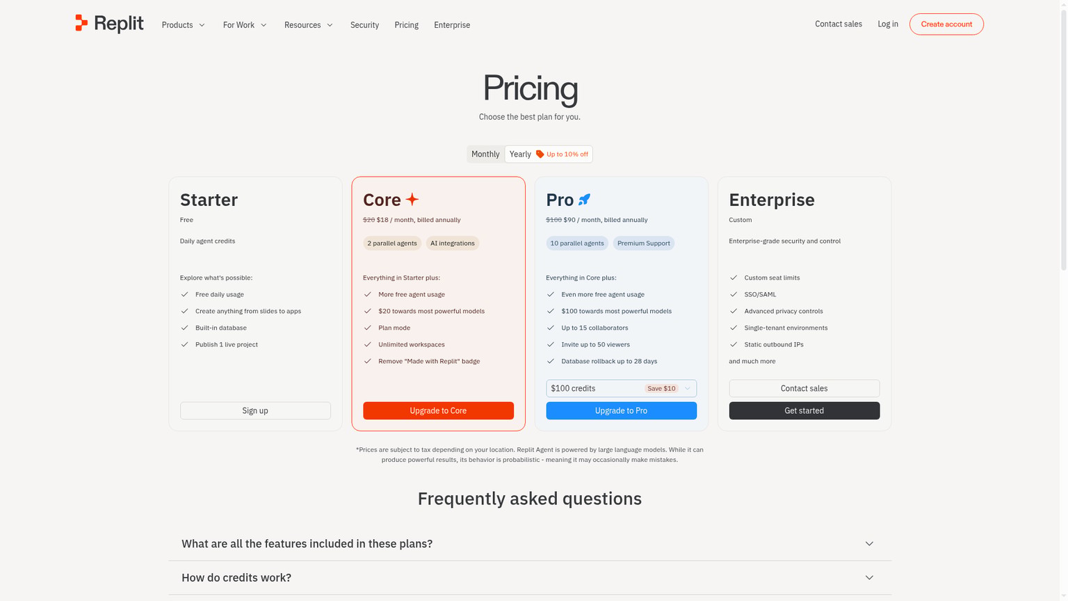 Replit pricing page showing Starter, Core, Pro and Enterprise plans
