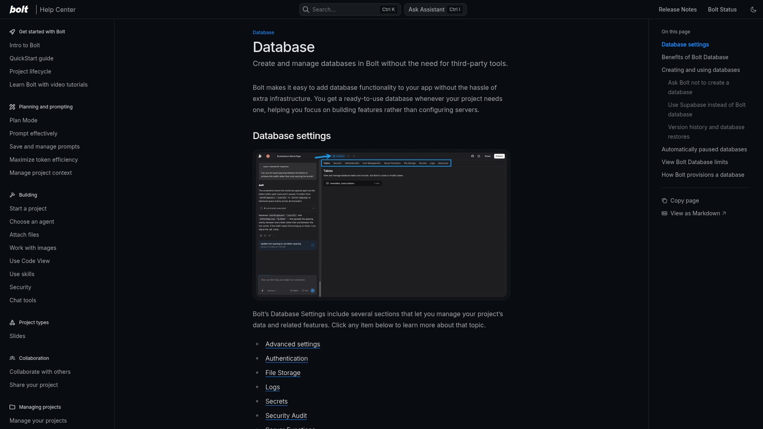Bolt Database documentation with settings for authentication, storage, logs and security