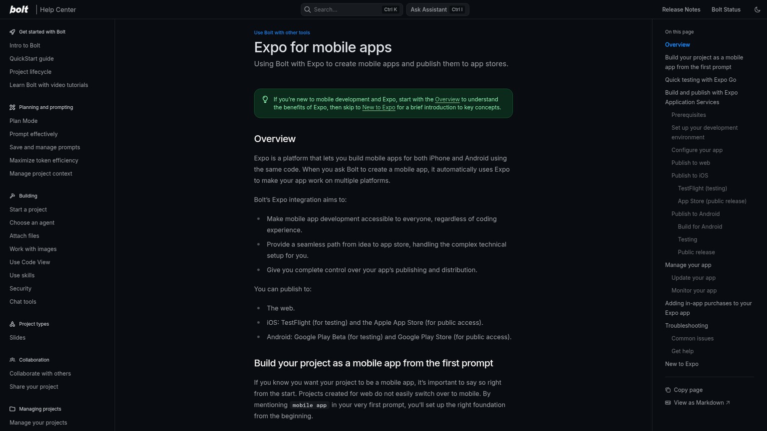 Bolt Expo integration documentation for mobile apps and app-store publishing