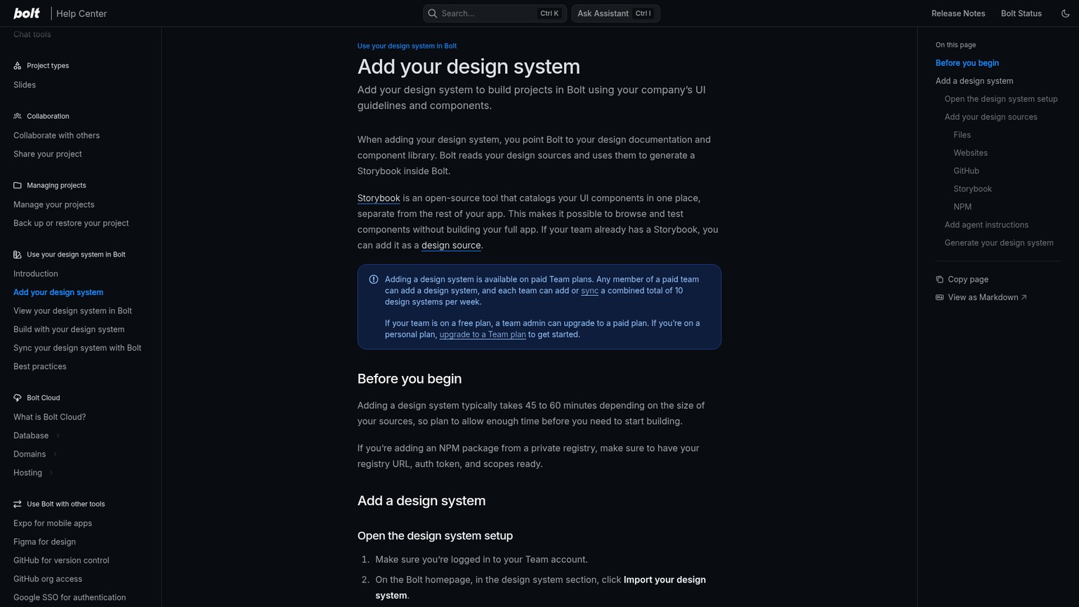 Bolt documentation for adding a team design system from code and documentation sources