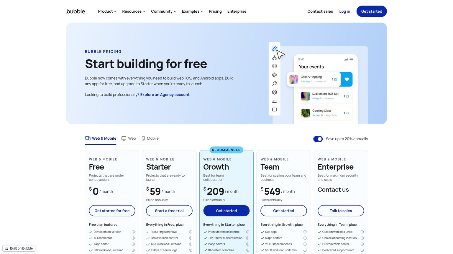 Bubble pricing page showing Free, Starter, Growth, Team, and Enterprise plans