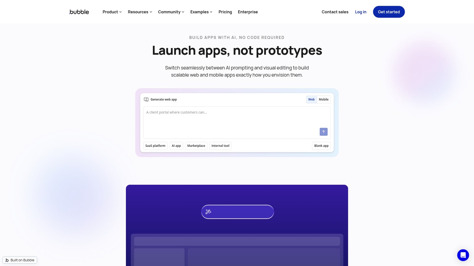 Bubble homepage showing its visual full-stack app-building platform