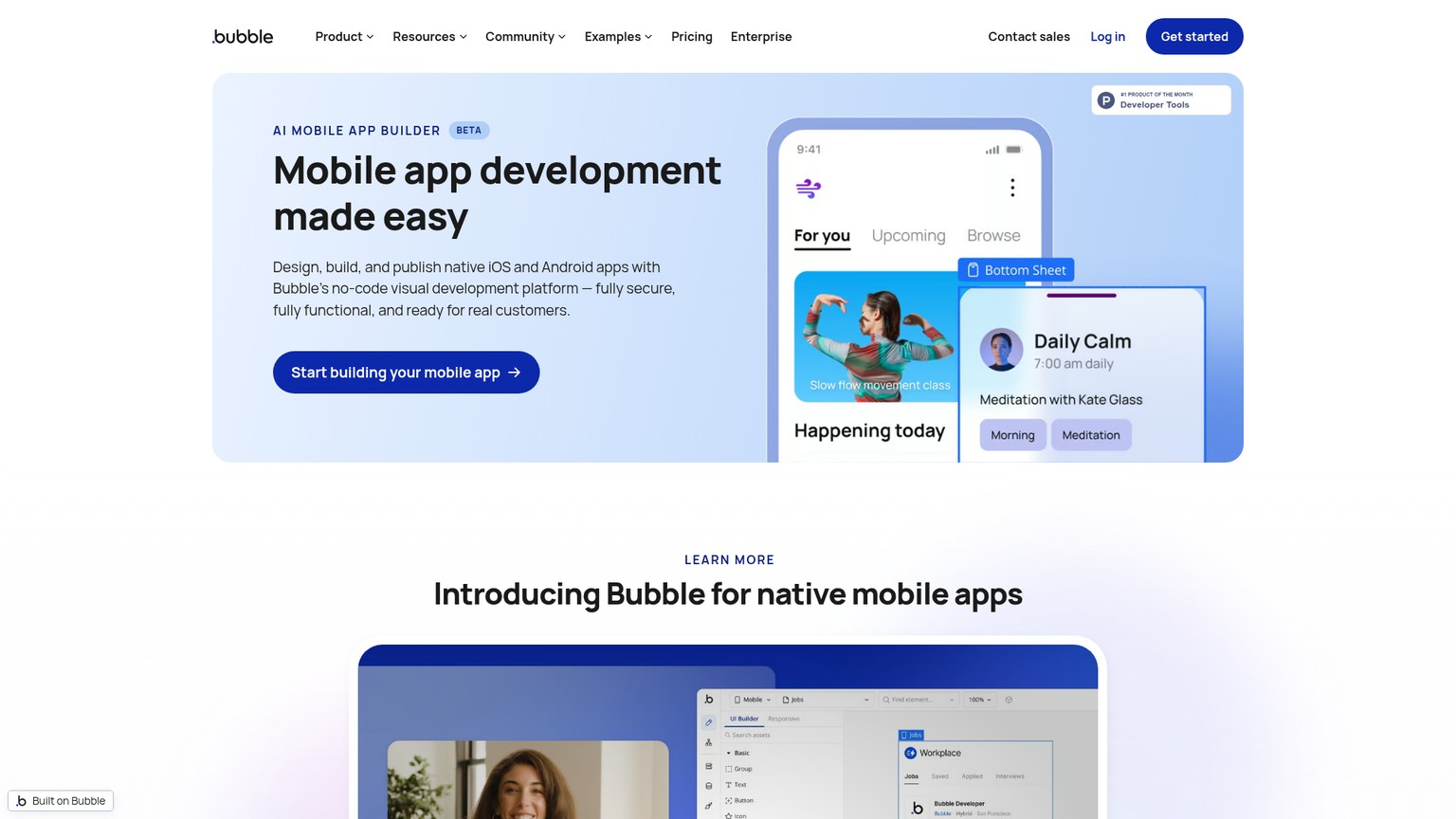 Bubble native mobile beta page showing iOS and Android app building