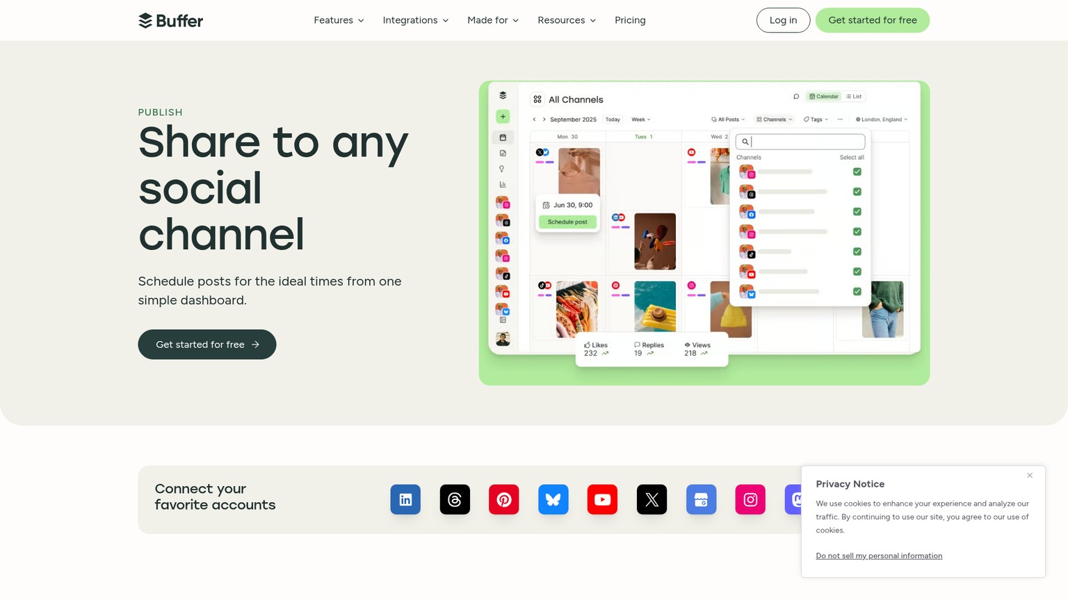 Buffer Publish queue, calendar, composer, and scheduled posts