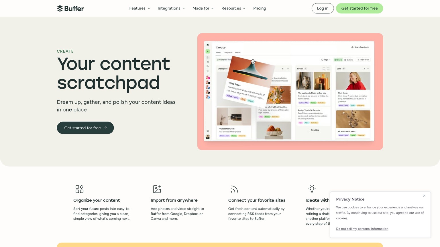 Buffer Create ideas board, tags, gallery, templates, and AI Assistant