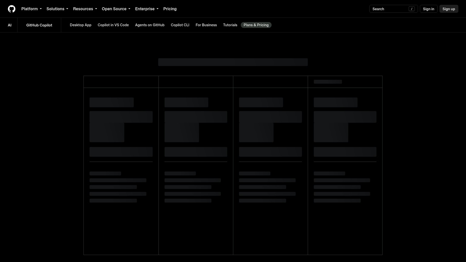 صفحة خطط وأسعار GitHub Copilot