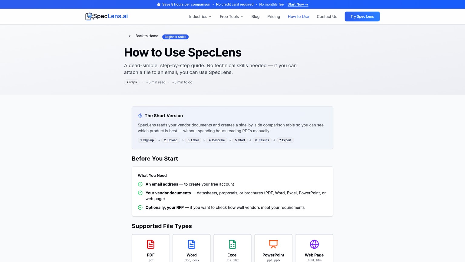 SpecLens specification comparison workflow page