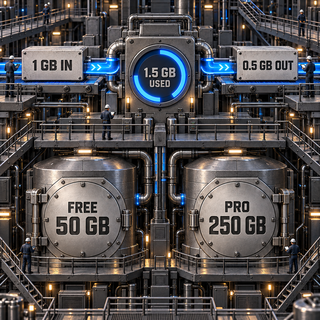 Équation architecturale du budget en octets : 1 GB en entrée plus 0.5 GB en sortie égalent 1.5 GB consommé, avec les quotas Free de 50 GB et Pro de 250 GB